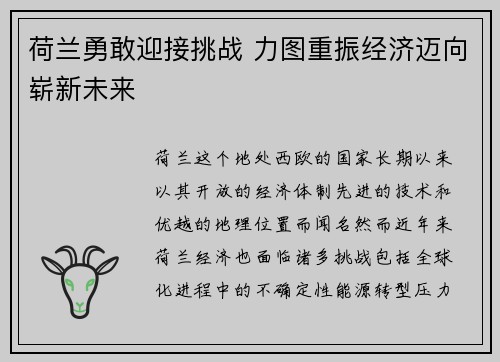 荷兰勇敢迎接挑战 力图重振经济迈向崭新未来