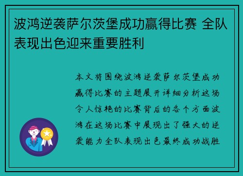 波鸿逆袭萨尔茨堡成功赢得比赛 全队表现出色迎来重要胜利