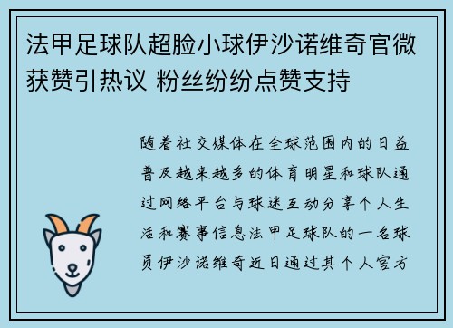 法甲足球队超脸小球伊沙诺维奇官微获赞引热议 粉丝纷纷点赞支持