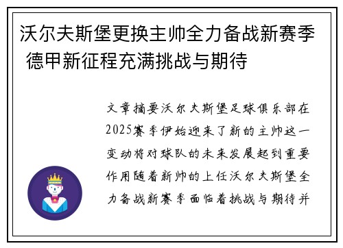 沃尔夫斯堡更换主帅全力备战新赛季 德甲新征程充满挑战与期待