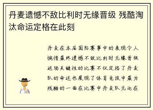 丹麦遗憾不敌比利时无缘晋级 残酷淘汰命运定格在此刻