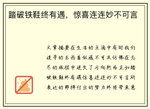 踏破铁鞋终有遇，惊喜连连妙不可言