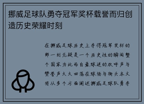 挪威足球队勇夺冠军奖杯载誉而归创造历史荣耀时刻