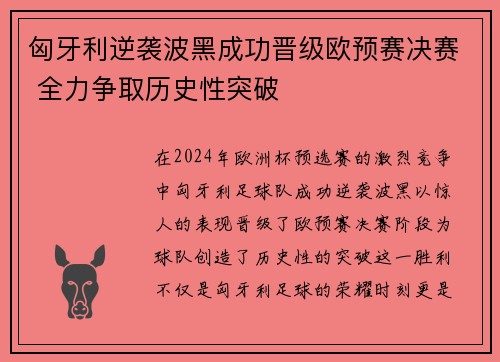 匈牙利逆袭波黑成功晋级欧预赛决赛 全力争取历史性突破