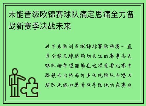 未能晋级欧锦赛球队痛定思痛全力备战新赛季决战未来