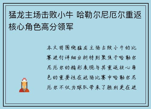 猛龙主场击败小牛 哈勒尔尼厄尔重返核心角色高分领军