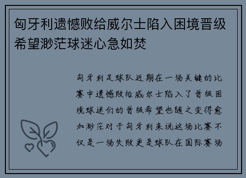 匈牙利遗憾败给威尔士陷入困境晋级希望渺茫球迷心急如焚