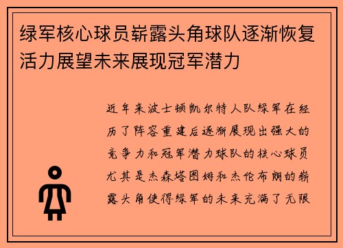 绿军核心球员崭露头角球队逐渐恢复活力展望未来展现冠军潜力